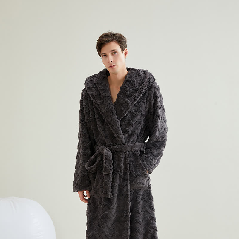 Ownkoti Unisex Wavy Textured Hooded Bathrobe - Dark Gray - 2XL - image 10