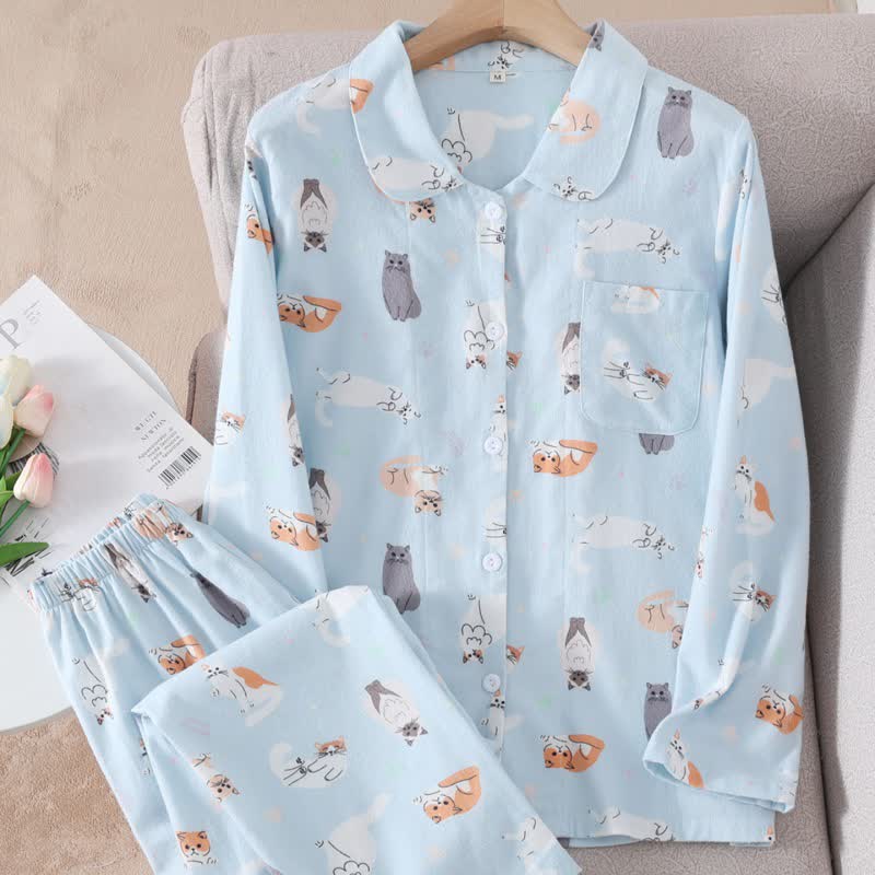 Ownkoti Cartoon Cat Brushed Cotton Loungewear Set - image 1