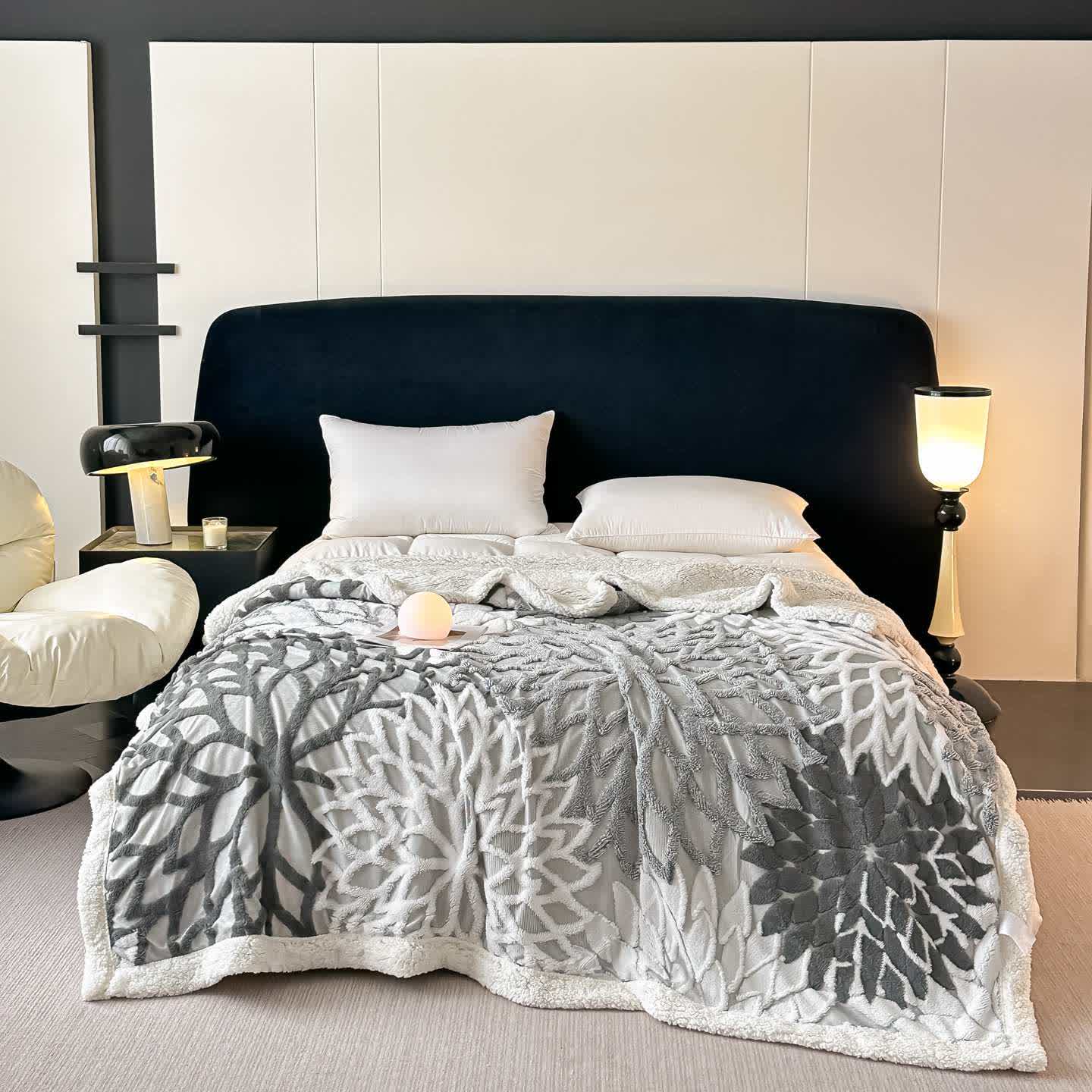 Ownkoti Floral-inspired Jacquard Sherpa Blanket - Dark Gray - Queen - image 14