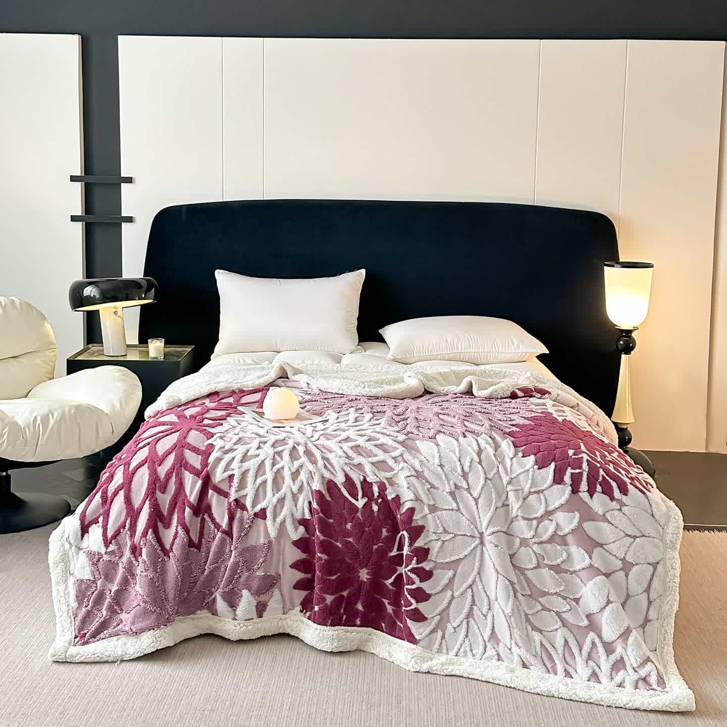 Ownkoti Floral-inspired Jacquard Sherpa Blanket - Purple - Queen - image 17