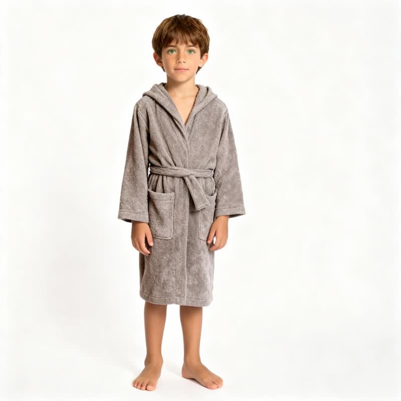 Ownkoti Solid Hooded Cotton Child Bathrobe - Grey - L - image 9