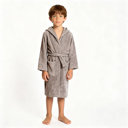 Ownkoti Solid Hooded Cotton Child Bathrobe - Grey - L - image 9