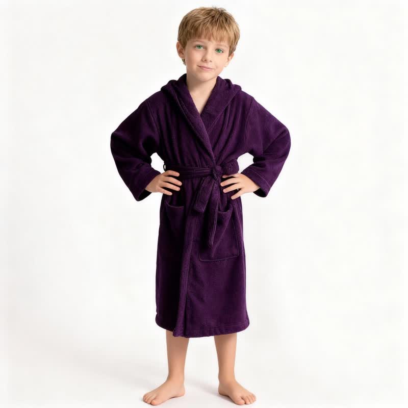 Ownkoti Solid Hooded Cotton Child Bathrobe - Purple - L - image 6