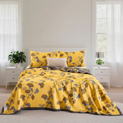 Ownkoti Ginkgo Leaf Organic Cotton Reversible Quilt - Light Yellow - 2PCS Pillowcases - 20" x 36" - image 18