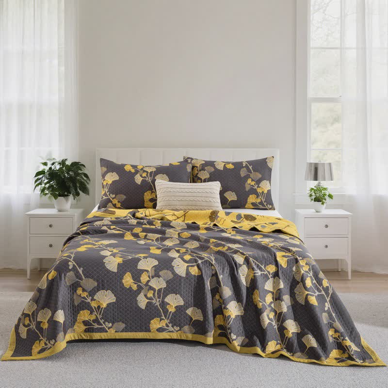 Ownkoti Ginkgo Leaf Organic Cotton Reversible Quilt - Dark Grey - 2PCS Pillowcases - 20" x 36" - image 26