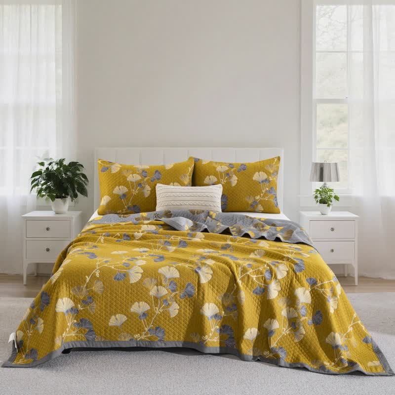 Ownkoti Ginkgo Leaf Organic Cotton Reversible Quilt - Dark Yellow - 2PCS Pillowcases - 20" x 36" - image 34