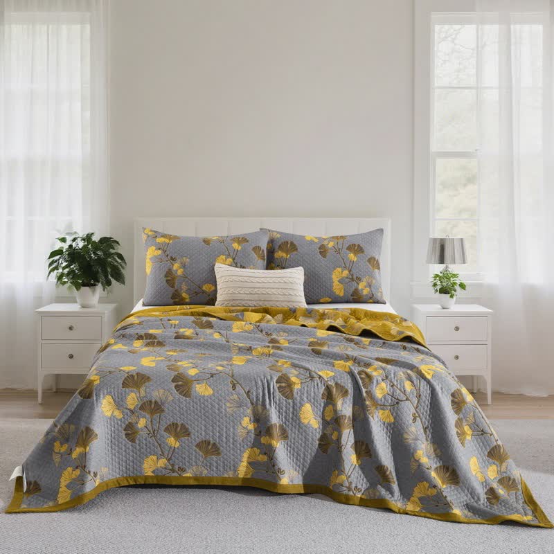 Ownkoti Ginkgo Leaf Organic Cotton Reversible Quilt - Light Gray - 2PCS Pillowcases - 20" x 36" - image 41