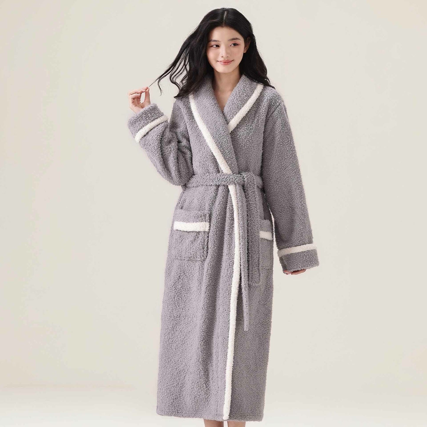 Ownkoti Unisex Fleece Plush Warm Robe - Light Gray - XL - image 6