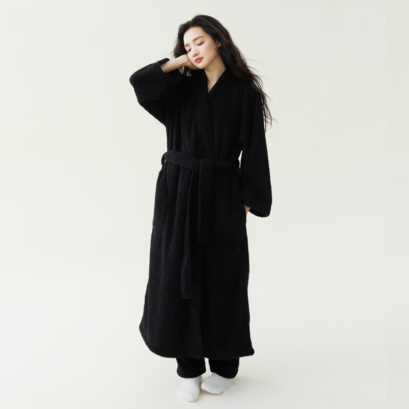 Ownkoti Minimalist Style Solid Plush Robe - Black - Bathrobe with Pants - XL - image 5