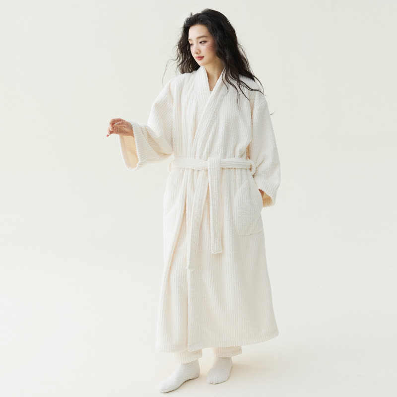 Ownkoti Minimalist Style Solid Plush Robe - Beige - Bathrobe with Pants - XL - image 2