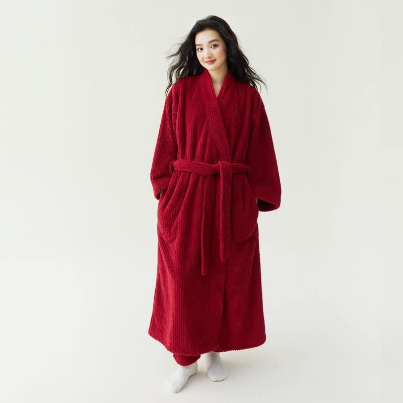 Ownkoti Minimalist Style Solid Plush Robe - Red - Bathrobe with Pants - XL - image 0