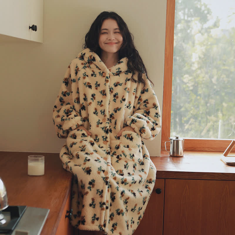 Ownkoti Rustic Floral Hooded Button Plush Robe - Beige - XL - image 0