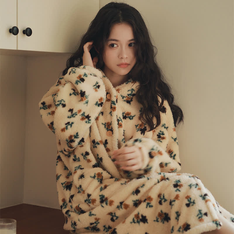 Ownkoti Rustic Floral Hooded Button Plush Robe - image 2