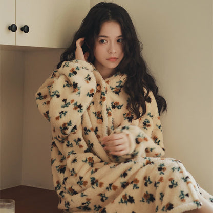 Ownkoti Rustic Floral Hooded Button Plush Robe - image 2