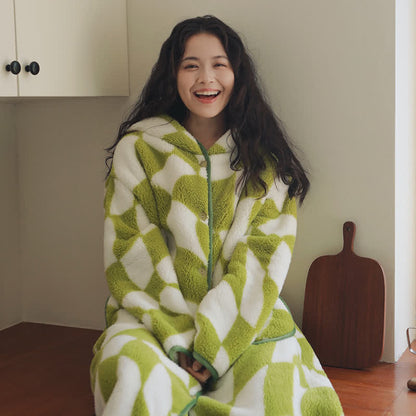 Ownkoti Geometric Pattern Hooded Button Plush Robe - Green - XL - image 0