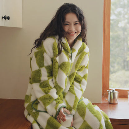 Ownkoti Geometric Pattern Hooded Button Plush Robe - image 2