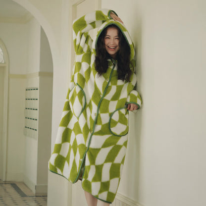 Ownkoti Geometric Pattern Hooded Button Plush Robe - image 1