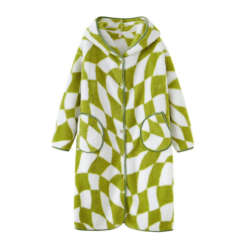 Ownkoti Geometric Pattern Hooded Button Plush Robe - image 3