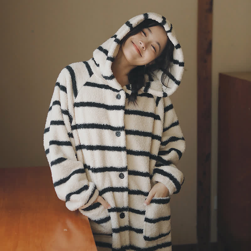 Ownkoti Classic Striped Hooded Button Plush Robe - image 1