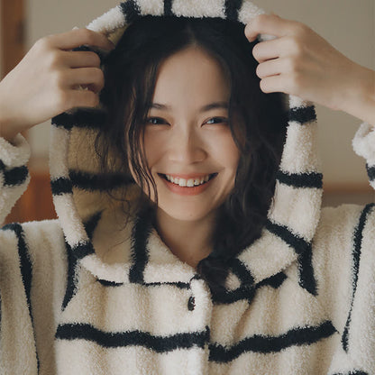 Ownkoti Classic Striped Hooded Button Plush Robe - image 2