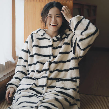 Ownkoti Classic Striped Hooded Button Plush Robe - Black & White - XL - image 0