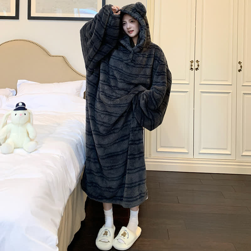 Ownkoti Striped Plush Robe with Bear-Ear Hood - Gray - XXL - image 1