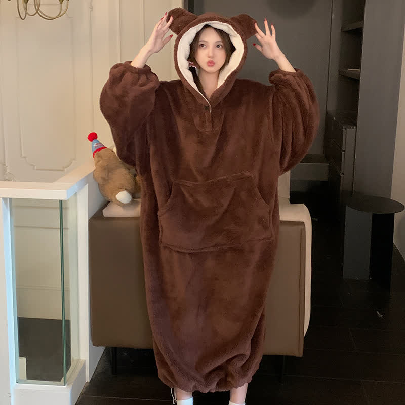 Ownkoti Solid Plush Robe with Bear-Ear Hood - Dark Brown - XXL - image 3