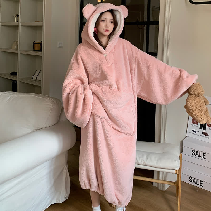 Ownkoti Solid Plush Robe with Bear-Ear Hood - Pink - XXL - image 2