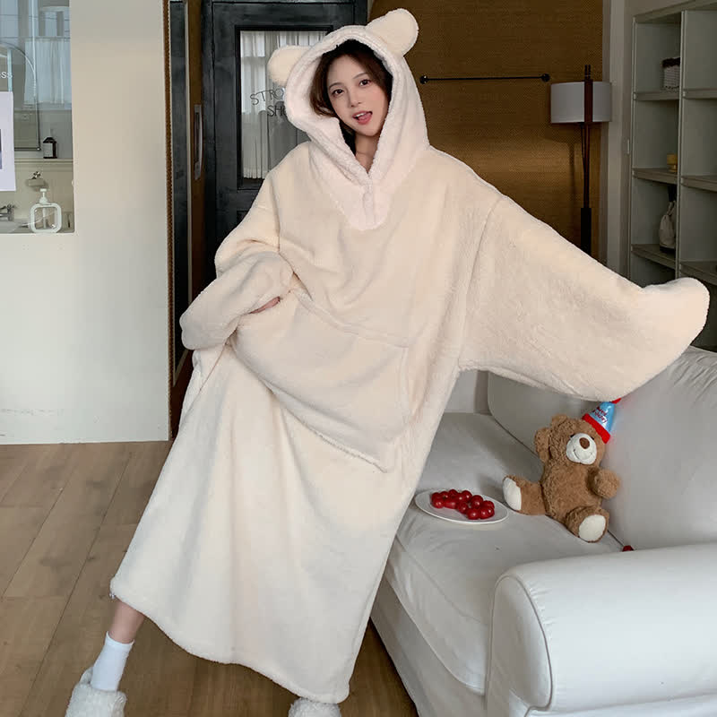 Ownkoti Solid Plush Robe with Bear-Ear Hood - White - XXL - image 1