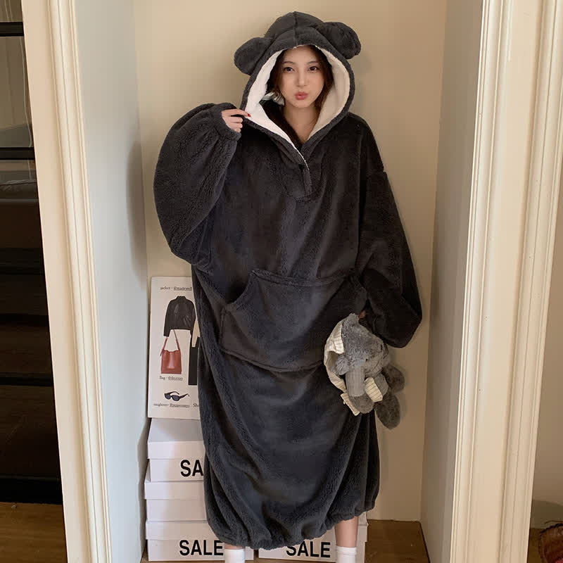 Ownkoti Solid Plush Robe with Bear-Ear Hood - Dark Gray - XXL - image 4