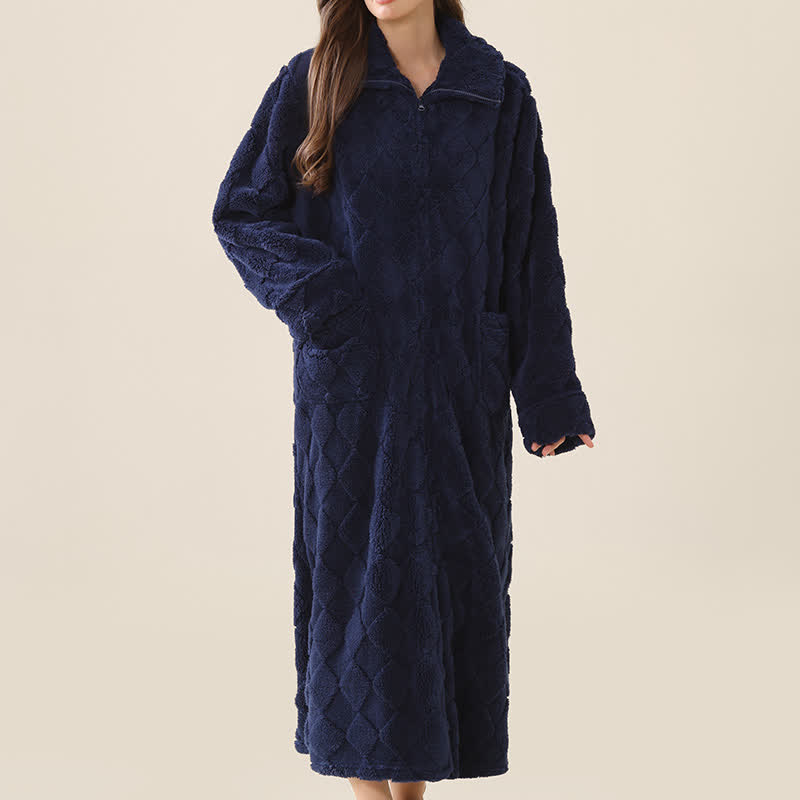 Ownkoti Diamond Textured Zip-Up Plush Robe - Navy Blue - XL - image 15
