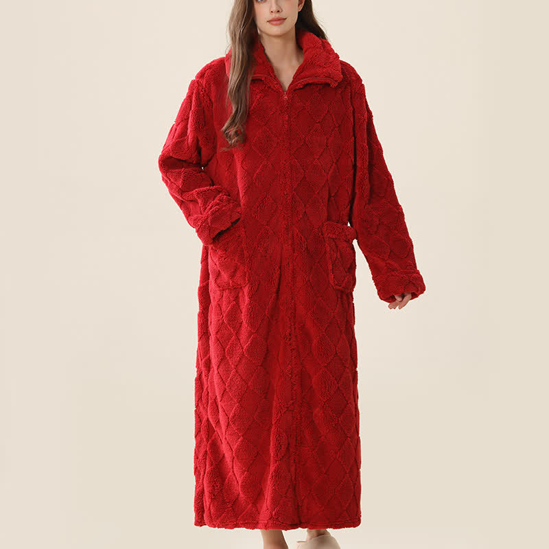 Ownkoti Diamond Textured Zip-Up Plush Robe - Wine - XL - image 10