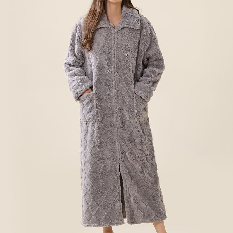 Ownkoti Diamond Textured Zip-Up Plush Robe - Gray - XL - image 10