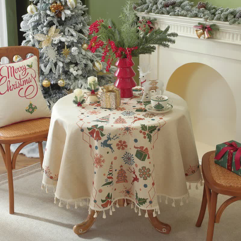 Ownkoti Christmas Bell Elk Tassel Tablecloth - image 1