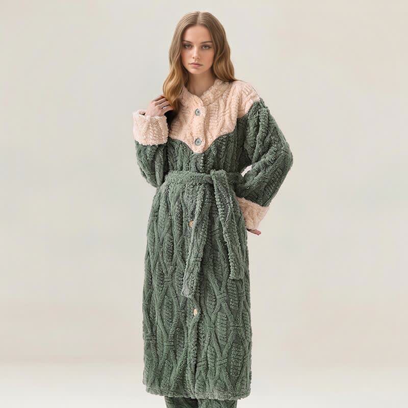 Ownkoti Colorblock Round Neck Plush Bathrobe Set - Green - XL - image 0