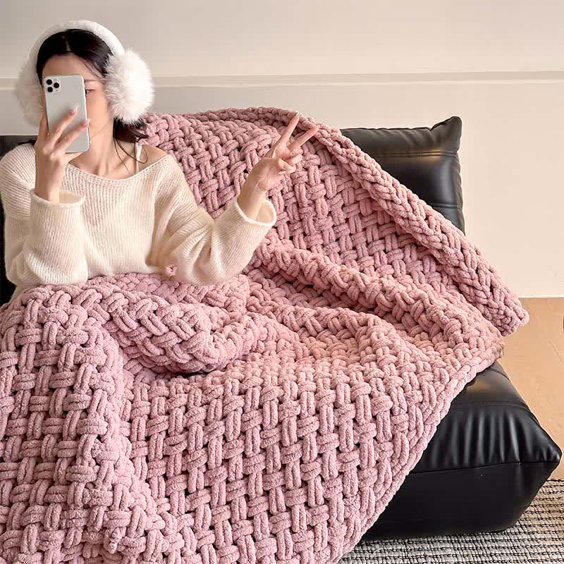 Ownkoti Chunky Knit Hand-Woven Throw Blanket - Pink - 51" x 67" - image 6