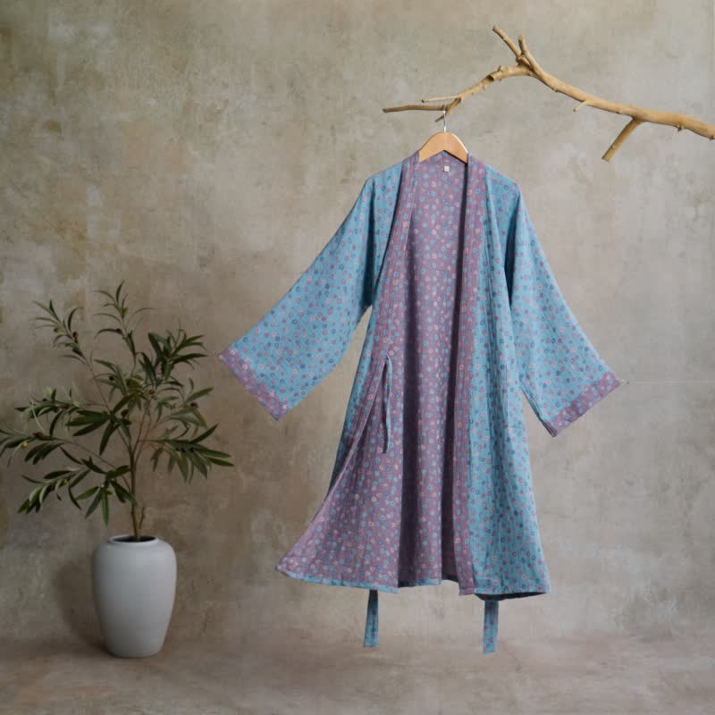 Ownkoti Rustic Floral Jacquard Cotton Kimono Robe - Blue - L - image 0