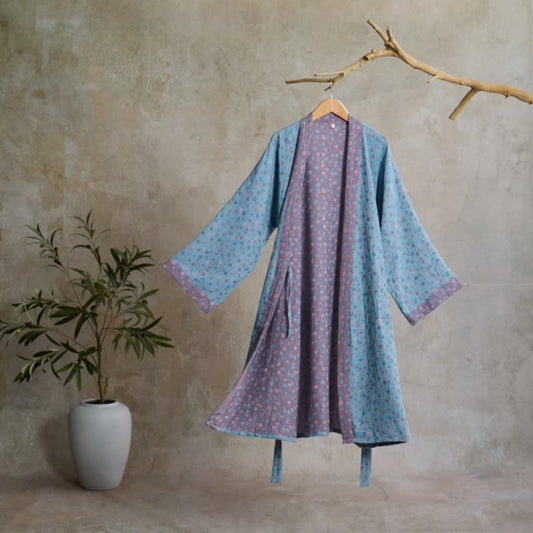 Ownkoti Rustic Floral Jacquard Cotton Kimono Robe - Blue - L - image 0