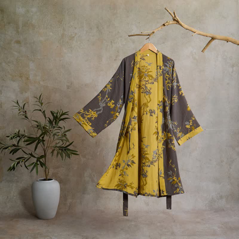 Ownkoti Vintage Floral Leaf Cotton Kimono Robe - Grey - L - image 0