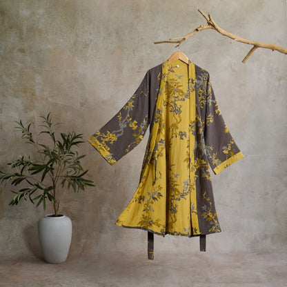 Ownkoti Vintage Floral Leaf Cotton Kimono Robe - Grey - L - image 0
