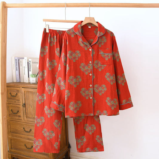 Ownkoti Heart-Shaped Floral Cotton Gauze Loungewear Set - Red - XXL - image 0