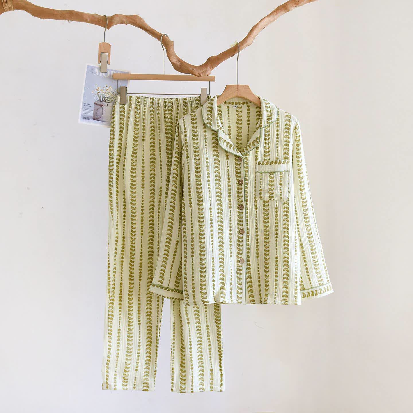 Ownkoti FLeaf Stripe Print Cotton Loungewear Set - Green - 2XL - image 0