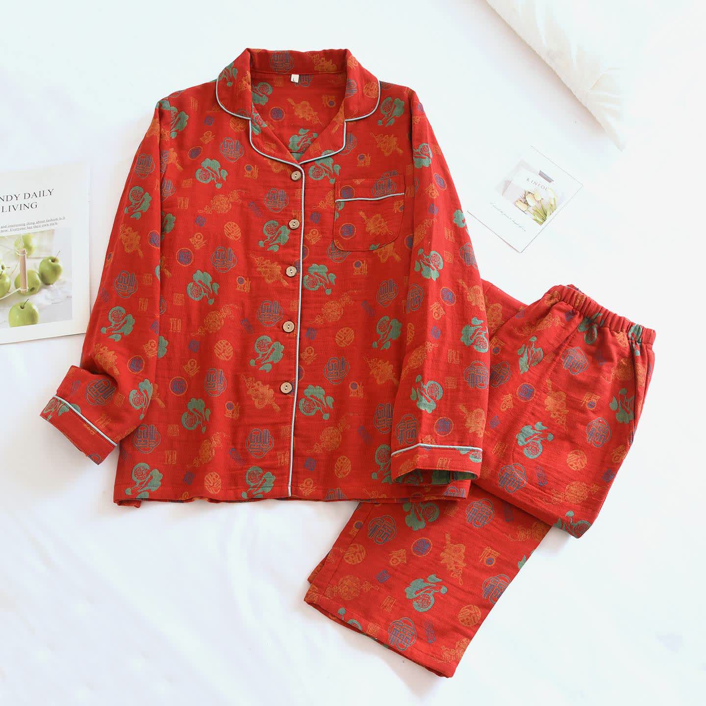 Ownkoti Vintage Blessing Print Cotton Loungewear Set - Red - XL - image 0