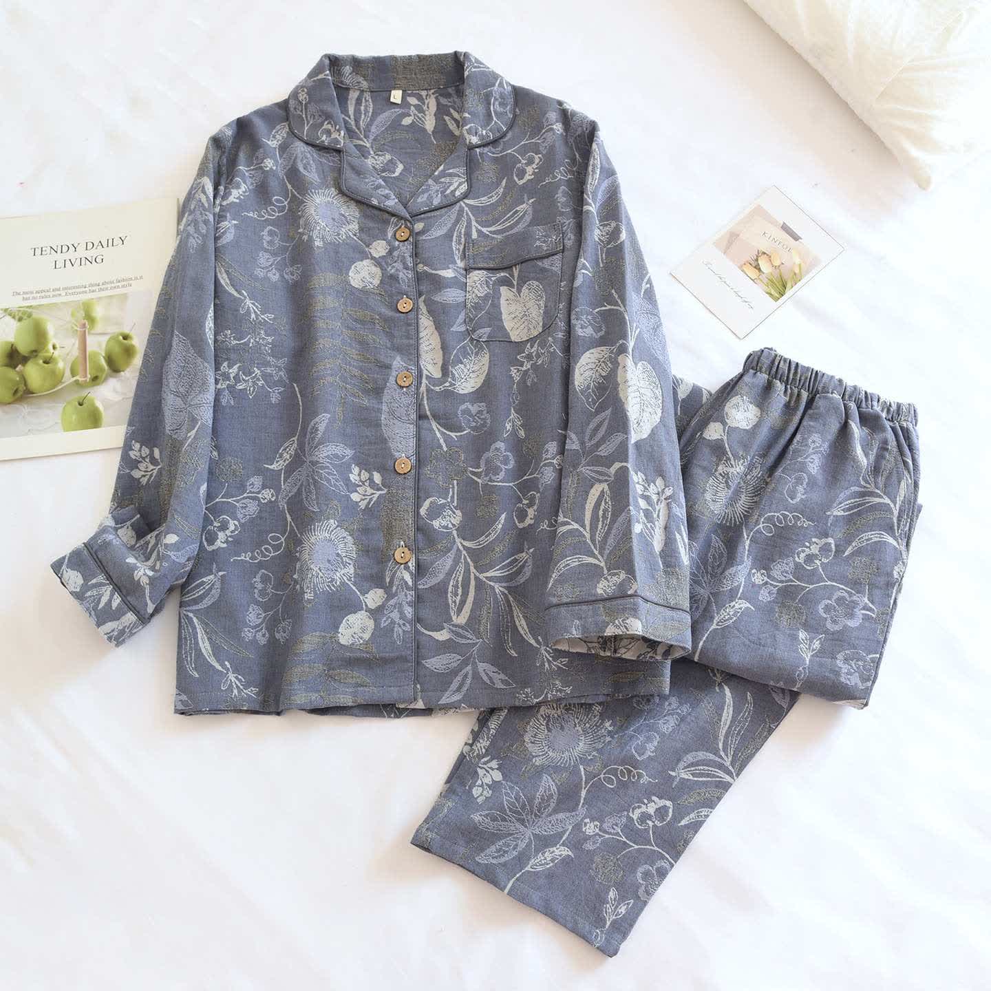 Ownkoti Elegant Floral Leaf Cotton Loungewear Set - Blue - XL - image 0