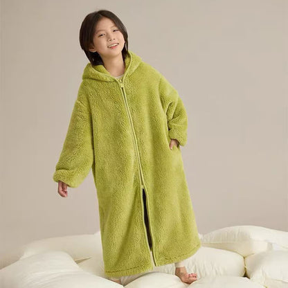 Ownkoti Solid Hooded Zip-up Plush Child Robe - Green - Child:170cm - image 4