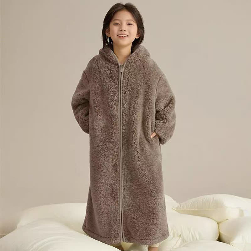 Ownkoti Solid Hooded Zip-up Plush Child Robe - Coffee - Child:170cm - image 9