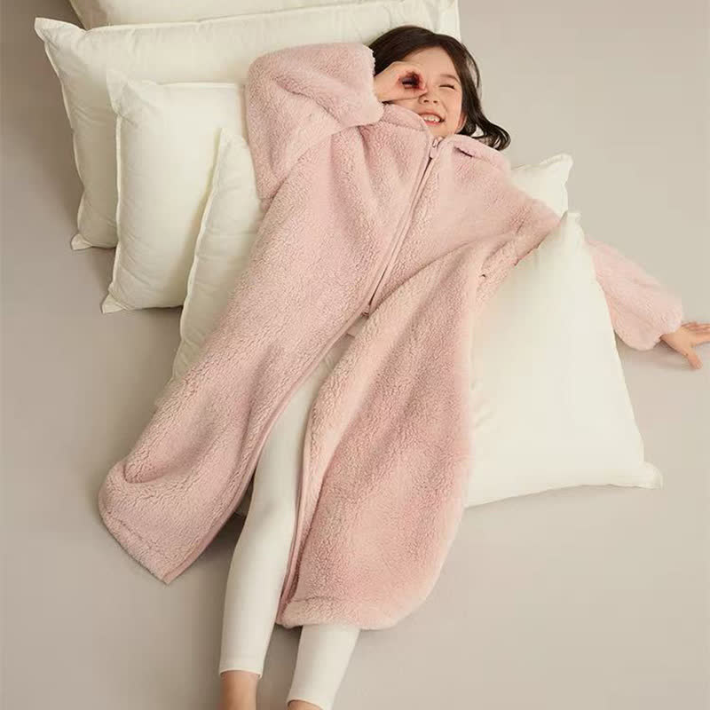 Ownkoti Solid Hooded Zip-up Plush Child Robe - Pink - Child:170cm - image 2