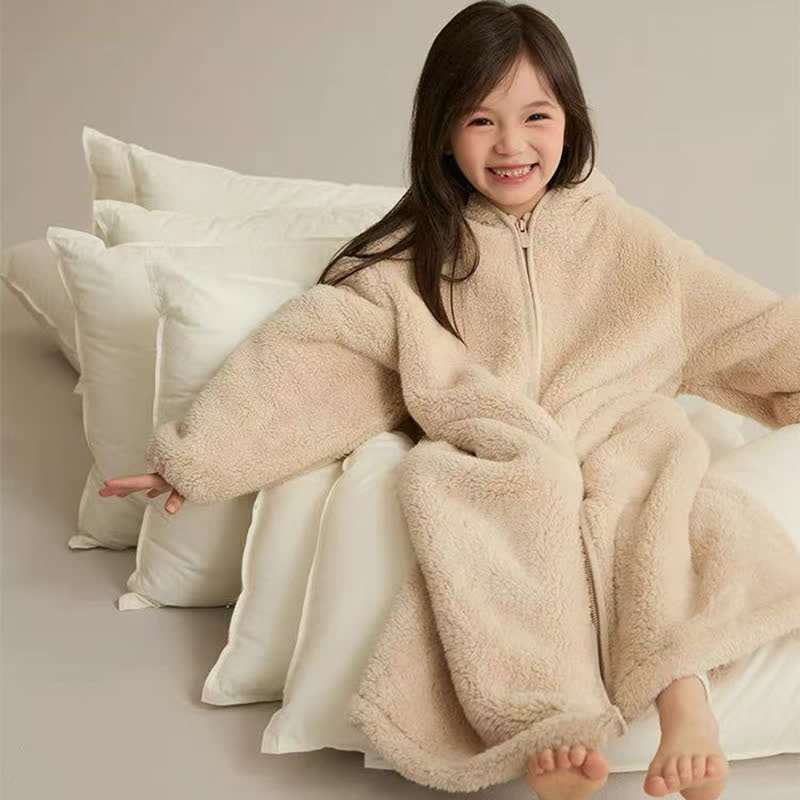 Ownkoti Solid Hooded Zip-up Plush Child Robe - Khaki - Child:170cm - image 7