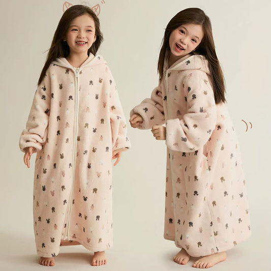 Ownkoti Animal Print Hooded Zip-up Plush Child Robe - Pink - Child:170cm - image 0