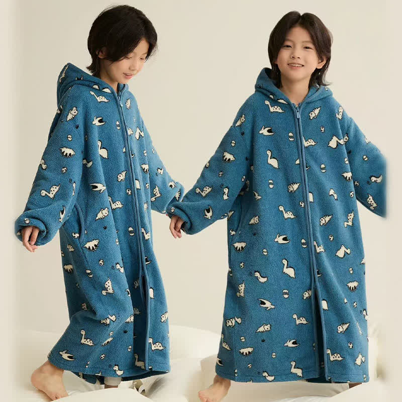 Ownkoti Animal Print Hooded Zip-up Plush Child Robe - Blue - Child:170cm - image 4